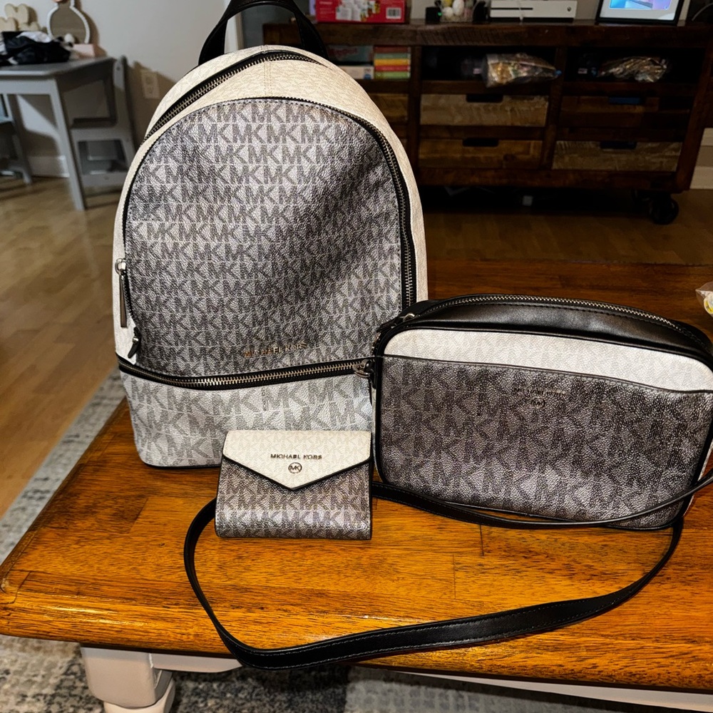 Michael Kors Gray and Black MK Logo Backpack, Crossbody & Wallet Set